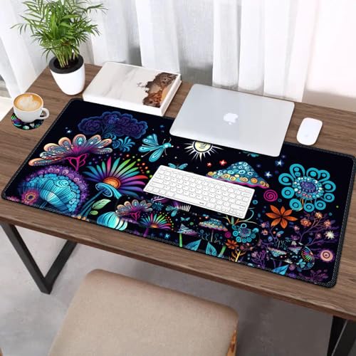 AIMSA Large Gaming Mouse Pad Set, Keyboard Wrist Rest Support+ Extended Mousepad+ Mouse Wrist Cushion+Coaster, Ergonomic Multifunctional Desk Mat 35x15.7in, Colorful Abstract Mushrooms - color: Colorful Abstract Mushrooms