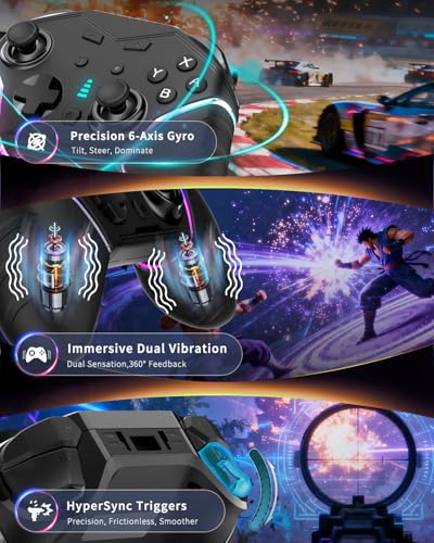 hosowe Mobile Gaming Controller for iPhone/iOS/Android/Switch/Laptop, Wired Control for PC/Steam, Wireless Phone Controller Gamepad with Programmable/Vibration/6-Axis Gyro/Turbo/RGB Lights