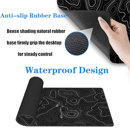 Topographic Gaming Mouse Pad Large Desk Mat,Black Mouse Pad Gaming Desk Pad,31.5 x 11.8 Keyboard Pad Minimalist Mouse Pads for Desk,Extended Mouse Mat Mousepad with Non-Slip Base and Stitched Edge - color: Black Topographic Contour