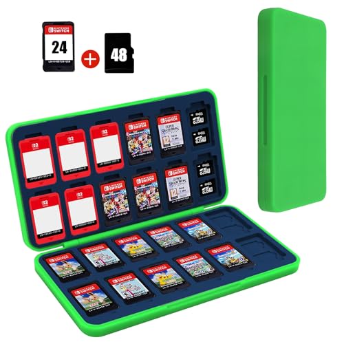 FYY Nintendo Switch Game Case Holder for Switch 2 Cartridge, Green & Navy | 24 Game Card Slots & 48 Micro SD Card Slots, Hard Shell, Silicone Lining - color: B-Green Navy
