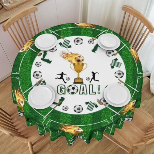 Soccer Table Cloths, Retro Green Field Sports Ball Fire Football Trophy Goal Boy Kids Baby Birthday Party Farmhouse Table Cover Decor for Kitchen Dining Room Outdoor Home, 60" Round - color: Ball-5, size: 60" (Round)