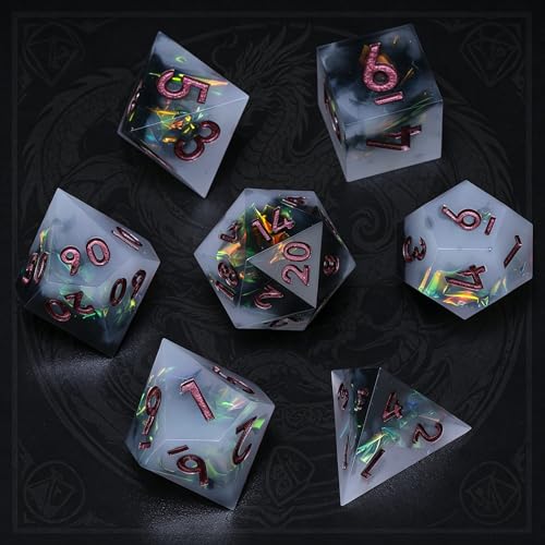 Holographic DND Sharp Edge Roleplaying Polyhedral Dice Set,for Dungeons and Dragons RPG MTG Table Games,7 Pcs Handmade Gemstone Dice Set - color: Ashen Nebula