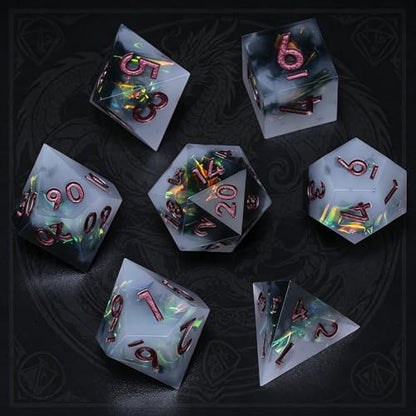 Holographic DND Sharp Edge Roleplaying Polyhedral Dice Set,for Dungeons and Dragons RPG MTG Table Games,7 Pcs Handmade Gemstone Dice Set - color: Ashen Nebula