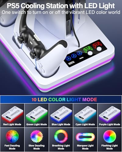 ZRZLMVP PS5 Slim/PS5 Stand and Cooling Station with Controller Charging Station for PlayStation 5 Slim&Standard Disc/Digital Consoles, PS 5 Cooler Accessories Incl Controller Charger, Cooling Fan