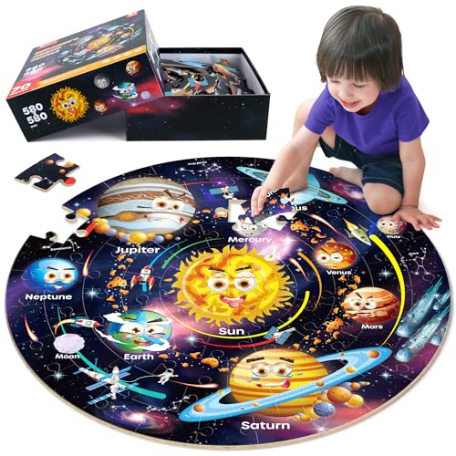 SYNARRY Solar System Floor Puzzles for Kids Ages 4-8, Large 70 Piece Jigsaw Puzzles for Kids Ages 4-6, Space Planet Astronaut Toys Puzzles, Preschool Learning Toys, Easter Basket Stuffers for Boy Girl - style: Solar System