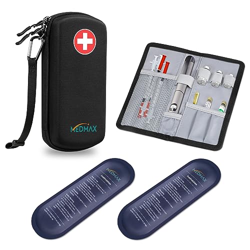 MEDMAX Hard Shell Insulin Cooler Travel Case with 2 Ice Pack, Shock Absorption Insulated Diabetic Medication Organizer Carrying Bag with Extra Pouch for Insulin Pen and Other Diabetic Supplies, Black - color: Black