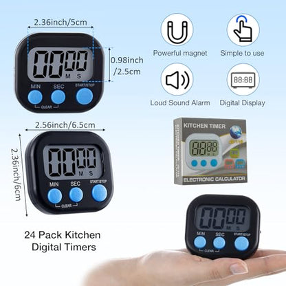 Leumoi 24 Pack Multi-Function Digital Timers with Magnetic Back, Large LCD Display, Loud Alarm, Count up & Countdown, Memory Function for Cooking, Classroom, Study, Exercise & Work(Black and Blue) - color: Black and Blue