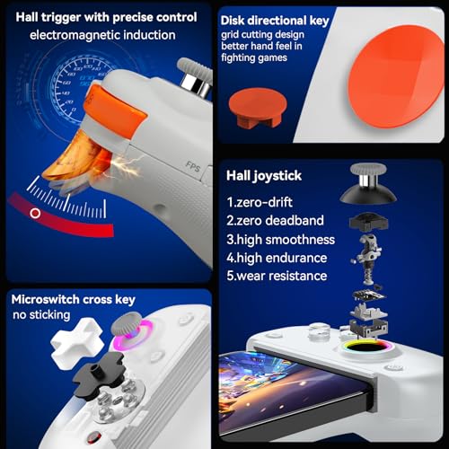 Mobile Gaming Controller for iPad/Tablet 13'', iPhone Controller with Hall Joysticks/Trigger/Turbo/Macro/7 Color RGB, Gamepad Joystick for Android/PC/Switch/PS4, Xbox/PS5 Streaming, Cloud Game, COD, iPhone 17/16 Controller