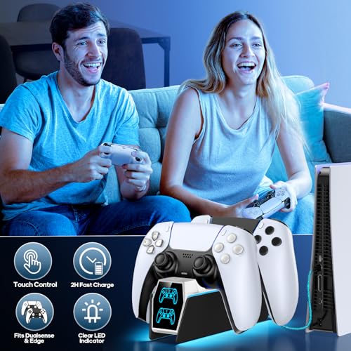 Controller Charger Station Compatible with Play 5 Faceplates Edge & Dual Controller, 9 Lightings P 5 Accessories Charging Station, P 5 Dock Stand with LED Indicator & On-Off Switch, White & Black for PlayStation Consoles - color: White & Black
