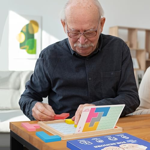 Memory Game Puzzles for Seniors, 8 Wooden Tile Matching Dementia Activities | Easy Elderly Brain Toy for Alzheimers Patients Product, Large Cognitive Mind Care Craft Gifts Pattern Blocks Board Gadgets