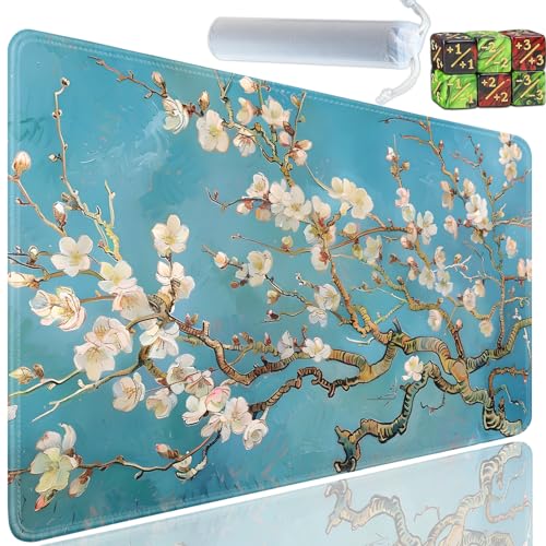 Playmat for MTG, 24x14 Inches Playmats, for TCG and CCG Trading Card Game Mat, Non-Slip Rubber for MTG Playmats with A Storage Bag and 6 Dice Set, Almond Blossom Pattern - color: Yu-Playmat-1-C79