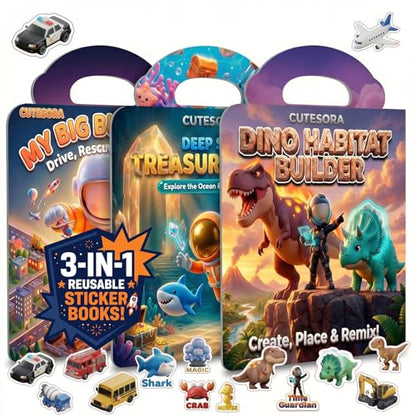 Large Reusable Jelly Sticker Books for Boys 4-8, Kids 3-6, 3 Sets | Dino, Ocean & Vehicle | Large Reusable 3D Puffy Jelly Stickers | Mess-Free Travel Toy | Gift for Boys Ages 3-8 - style: Dinosaur/Ocean/Vehicle