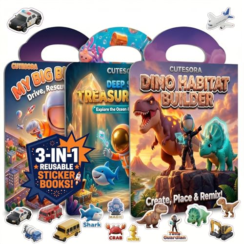 Large Reusable Jelly Sticker Books for Boys 4-8, Kids 3-6, 3 Sets | Dino, Ocean & Vehicle | Large Reusable 3D Puffy Jelly Stickers | Mess-Free Travel Toy | Gift for Boys Ages 3-8 - style: Dinosaur/Ocean/Vehicle