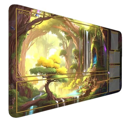 MTG Stitched Edges Mats, 24 x 14 inches MTG Playmat with Zones for MTG Trading Card Game Playmats Smooth Surface Battle Game Rubber Collection - color: Forest House With Zones