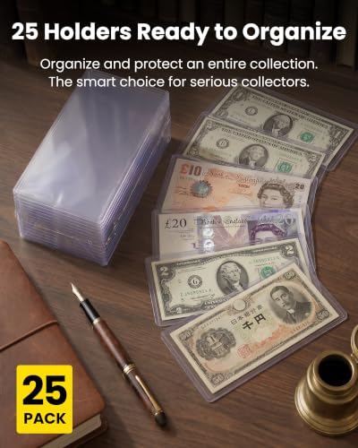 25 Pack Large Currency Toploader, 7 x 3 Money Sleeves Holders | 7.56 x 3.38 In 39PT Rigid PVC Dollar Bill Holders For Large Bills, Paper Currency Notes & Collectible Banknotes, Blue Tint