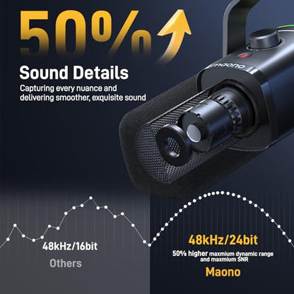 MAONO XLR/USB Gaming Microphone with BA20 Boom Arm, PC Computer Gaming Streaming Mic with RGB Light, Mute Button, Headphones Jack,Bundle for Gaming Podcast Recording (PD100X Black+BA20 Black)