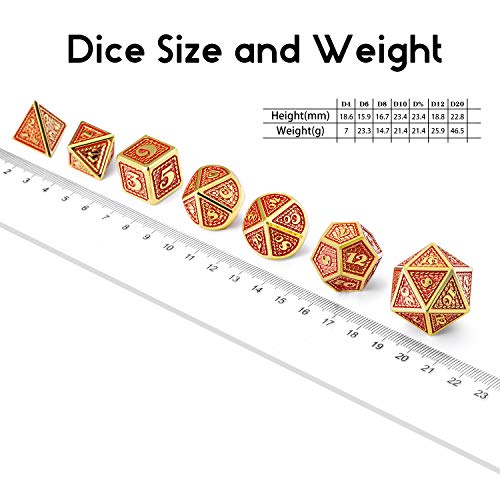 DNDND Metal Gaming Dice, 7 PCS Red Dragon Scale Metallic DND Die with Velvet Pouch for Dungeons & Dragon D&D Game (Red with Gold Edge) - color: Red With Gold Edge