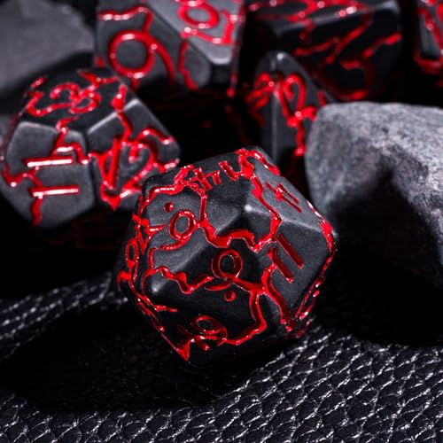 Black DND Dice Set Cracked Polyhedral Dice Set D&D for Tabletop Game | Leather Storage Bag, DM Gift, for Dungeons and Dragons Role Playing Games - color: Crackle-red