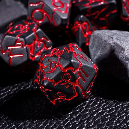 Black DND Dice Set Cracked Polyhedral Dice Set D&D for Tabletop Game | Leather Storage Bag, DM Gift, for Dungeons and Dragons Role Playing Games - color: Crackle-red