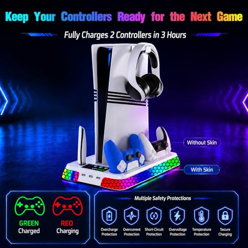 Cooling Station for PS5 Slim Pro,Vertical Stand with Adjustable Fan Charger | Gift for PS5 Long Gaming,3 Level Quiet Fan,Two Controller Charging,10 Colors Dynamic Mode,Headset Hook,USB Hub,Anti-Slip Base - color: White