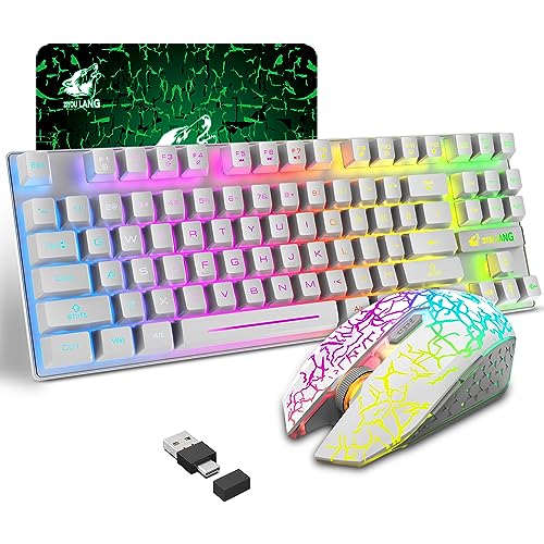 Wireless Membrane Gaming Keyboard and Mouse Set with 87Key Tenkeyless-White | Rainbow LED Backlight,Rechargeable 3800mAh Battery,Anti-ghosting,Ergonomic,Waterproof,RGB Mute Mice for Computer PC Mac Gamer - color: White