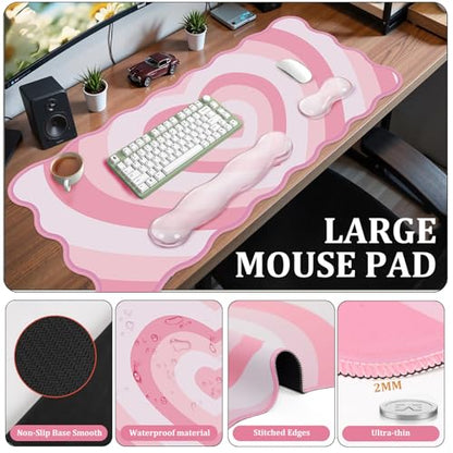 L-SPOUTTO Pink Heart Mouse Pad Set,Scalloped XXL Desk Mat + Ergonomic Mouse Wrist Rest + Gel Keyboard Wrist Rest for Keyboard 65%/75%,3in1 Large Desk Pad for Desktop Home Office Computer Game - color: Pink Heart