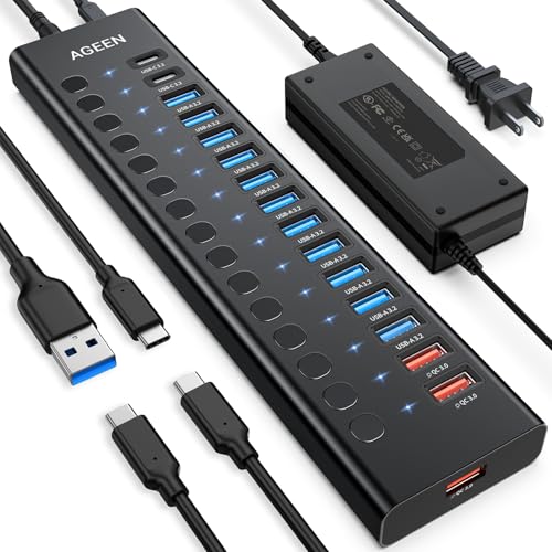 AGEEN 16-Port Powered USB 3.2 Hub-10Gbps SuperSpeed Data Splitter with 2 USB-C & 11 USB-A Ports, 3 x 24W QC 3.0 Fast Charging Ports, Individual On/Off Switches, 96W Power Adapter for Laptop, PC