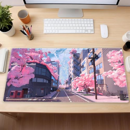 Pink Anime Sakura Desk Mat, Japanese Street Large Mouse Pad 31.5x15.7 in | Cozy anime cherry blossom desk pad with 3mm plush cushion, smooth fabric top, and non-slip rubber core. - color: Anime 02