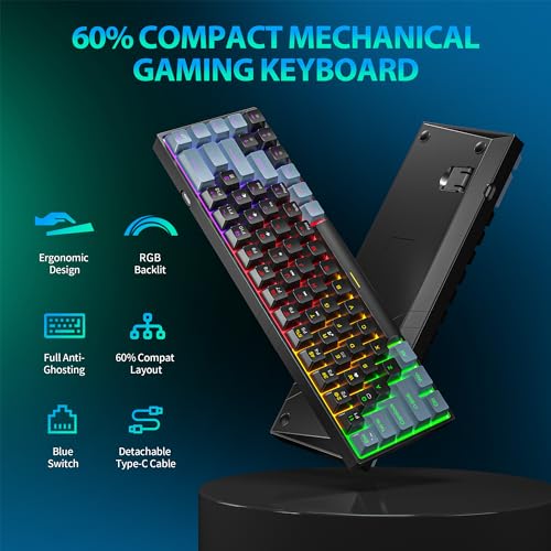 60% Percent Mechanical Gaming Keyboard, RGB Backlit 68 Keys Ultra-Compact Wired Keyboard with Detachable Type-C Cable, Full Anti-Ghost, Blue Switch Portable Mini Keyboard for Windows PC Mac Xbox Gamer