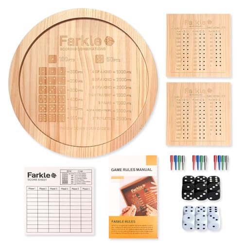 Farkle Dice Tray,Farkle Classic Dice Game with Tray The Classic Family Game | 2 Sets of 6 Pearl Dice,2 Sets of 6''Wooden Scoreboard, 12 Scoring Sticks,1 Instruction Manual, 50 PCS Score Sheets