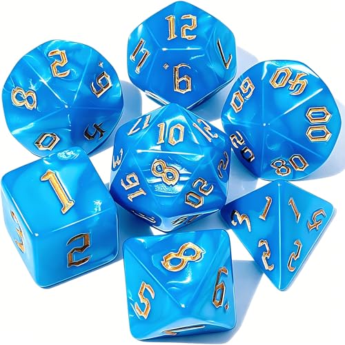 CiaraQ 7pcs Polyhedral Dice Set for Dungeon and Dragons MTG Table Games | Acrylic Role Playing Dice for D&D with Black Velvet Bag – Blue with Gold Numbers - color: Blue With Gold Numbers