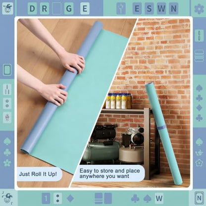 Drydiet Vegan Leather Mahjong Game Mat 31.5 x 31.5 Inch Reversible Anti Slip Noise Reducing Waterproof Mahjong Mat for Table, Poker, Board Games, Dominoes and Card Game(Mint Green and Dusty Blue)