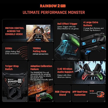 BIGBIG WON Wireless Controller Motion Control, Hall Trigger, ALPS Joystick, 3.5mm Audio, Gaming Controller for PC Windows/Android/iOS/Switch Pro Controller (Rainbow 2 Pro&Charging Dock) - color: 6.Rainbow 2 Pro with Charging Dock
