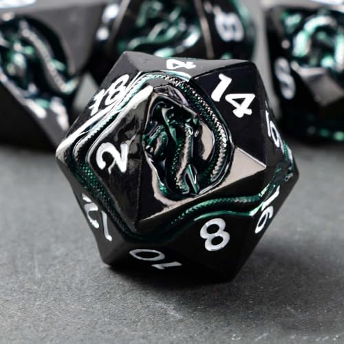 Serpent Metal D&D Dice Set, 7 Piece Zinc Alloy Polyhedral Dice for Dungeons and Dragons, Balanced Tabletop RPG Dice with Easy Read Numbers & Storage Box - color: Black White