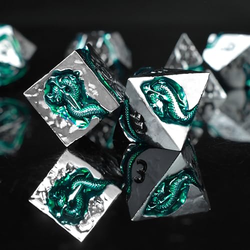 RULE DICE Metal DND Dice Set for Dungeons and Dragons - Polyhedral D&D Dice Set with Green Serpent Design - Balanced D&D Dice for RPGs, TTRPGs - Heavy Duty Zinc Alloy Construction 7 Dice Set - color: Ld-silver Black