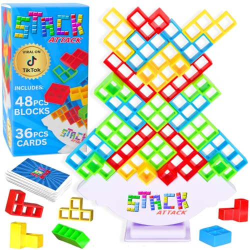 Stack Attack Tower Game for Kids & Adults, Family Balance Stacking Game Set | 48 pieces, 36 challenge cards, balance and stacking gameplay, family game night, gift for kids and adults