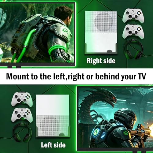 BracNova Wall Mount for Xbox One S with 2 Detachable Controller Holder and 1 Headphone Hook,Metal Stand for Xbox One S Accessories(Mounts Xbox 1S by TV)