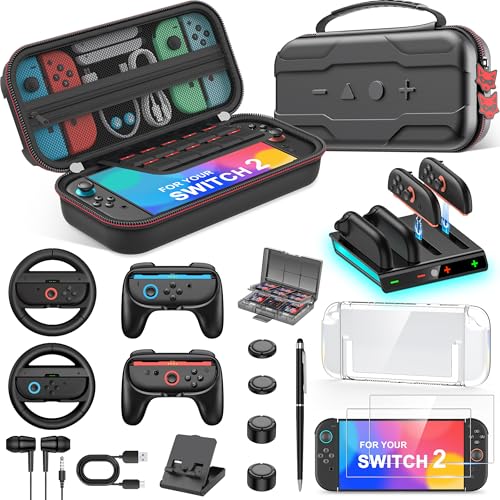 NinjaPlusOX Switch 2 Case Compatible with Nintendo Switch 2 (2025), 12 In 1 Switch 2 Accessories Set with Portable Hard Shell Carrying Case, 2 Screen Protector, Steering Wheel Joy-Con Grip - color: Black, size: XL-12 In 1 Switch 2 Case Set