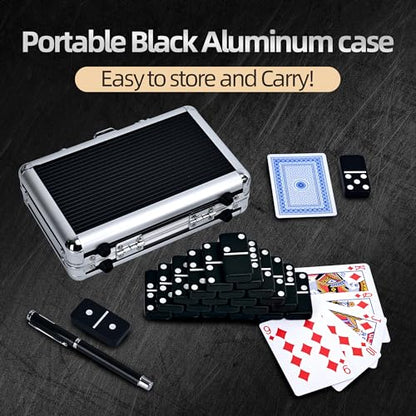 Doublefan Jumbo Black Double Six Dominoes for Adults, with Aluminum Case | 28 Black Jumbo Size Pieces, recessed markings, Carry Aluminum case, for 2-4 players, board game, Parent Gift choice