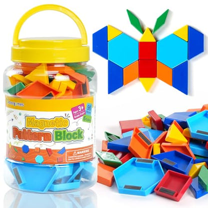 96 Pcs Magnetic Shapes in 6 Colors – Pattern Blocks for Kids | Tangrams for Homeschool Activities – Geometric Shapes for Classroom Learning & Creative Play