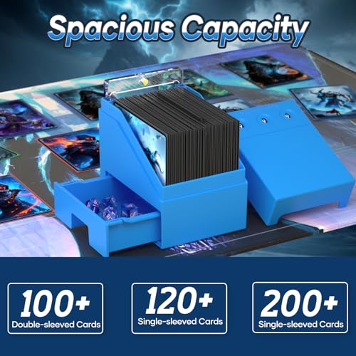 Proijeut Mtg Deck Box with Life Counter, Commander Deck Box Fits 100 Double-Sleeved Cards, Magic Card Storage Box with Commander Display & Dice Tray, Fit for MTG, TCG, CCG (Blue) - color: Blue