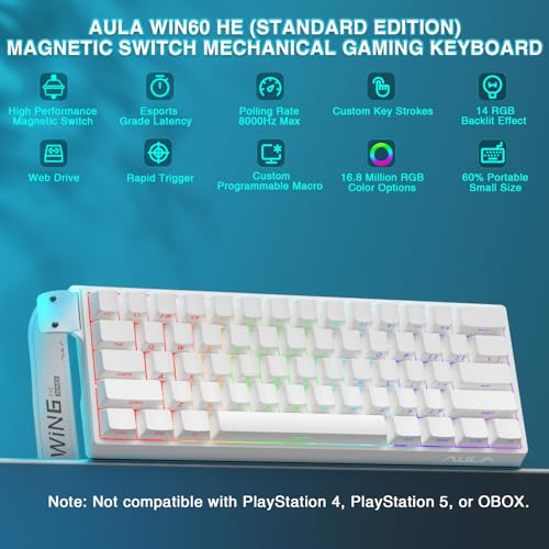Aula WIN60 HE - 60% Mechanical Gaming Keyboard Wired, Hall Effect Magnetic Switch Hot Swappable, Adjustable Actuation RT Mode, 8000 Hz Polling Rate, RGB Keyboard 60 Percent Compact Design for PC - color: White