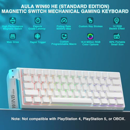 Aula WIN60 HE - 60% Mechanical Gaming Keyboard Wired, Hall Effect Magnetic Switch Hot Swappable, Adjustable Actuation RT Mode, 8000 Hz Polling Rate, RGB Keyboard 60 Percent Compact Design for PC - color: White