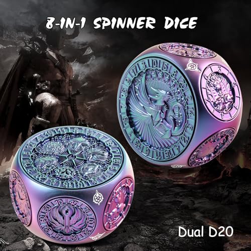 DNDND Spinner D&D Dice, Unique 8-in-1 Hexagonal Metal DND Dice with Dual D20 Monster Themed Dice Set for DND Dungeons and Dragons, Dungeon Masters with Collectible Gift Tin (Chameleon) - color: Chameleon