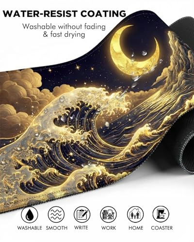Mouse Pad, Desk Mat, 31.5x11.8in Large Mousepad, Golden Waves | Desk Pad with Stitched Edge & Rubber Non-Slip Bottom, Gaming Mouse Pad, Extended Mousepad for Home, Office - color: Golden Waves