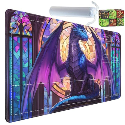 for MTG/TCG Playmat with Zones, 24 x 14 inches Trading Card Playmat with A Storage Bag and 6 Dice, Non-Lip Rubber Bottom Game Desk Mat, Stained Glass Dragon - color: Yux-playmats-2-3A-260