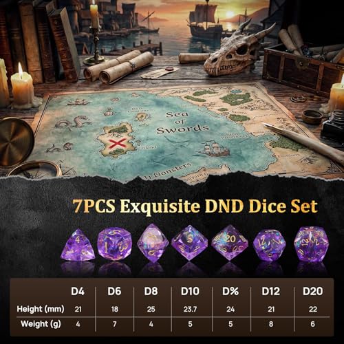 MoKo Resin DND Dice Set, 7PCS Sharp Edge Polyhedral, Purple | Gold Numbers, D&D RPG Tabletop Games, Gift Box Storage Bag, D20 D12 D10 D8 D6 D4 D% - color: 3 - Purple