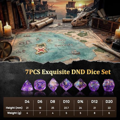 MoKo Resin DND Dice Set, 7PCS Sharp Edge Polyhedral, Purple | Gold Numbers, D&D RPG Tabletop Games, Gift Box Storage Bag, D20 D12 D10 D8 D6 D4 D% - color: 3 - Purple