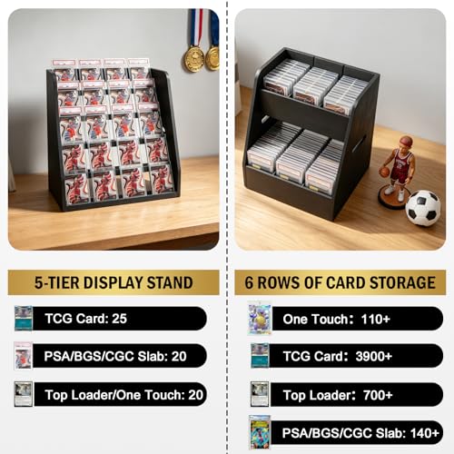 Magnetic 2-in-1 Trading Card Display Stand - Wood Detachable 5-Tier Graded Card Holder & Modular Storage Rack with Supporters, Professional Baseball Card Case for PSA BGS SGC Slabs, Toploaders, Large - size: Large