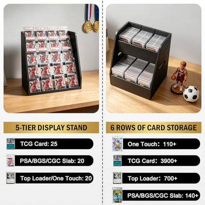 Magnetic 2-in-1 Trading Card Display Stand - Wood Detachable 5-Tier Graded Card Holder & Modular Storage Rack with Supporters, Professional Baseball Card Case for PSA BGS SGC Slabs, Toploaders, Large - size: Large